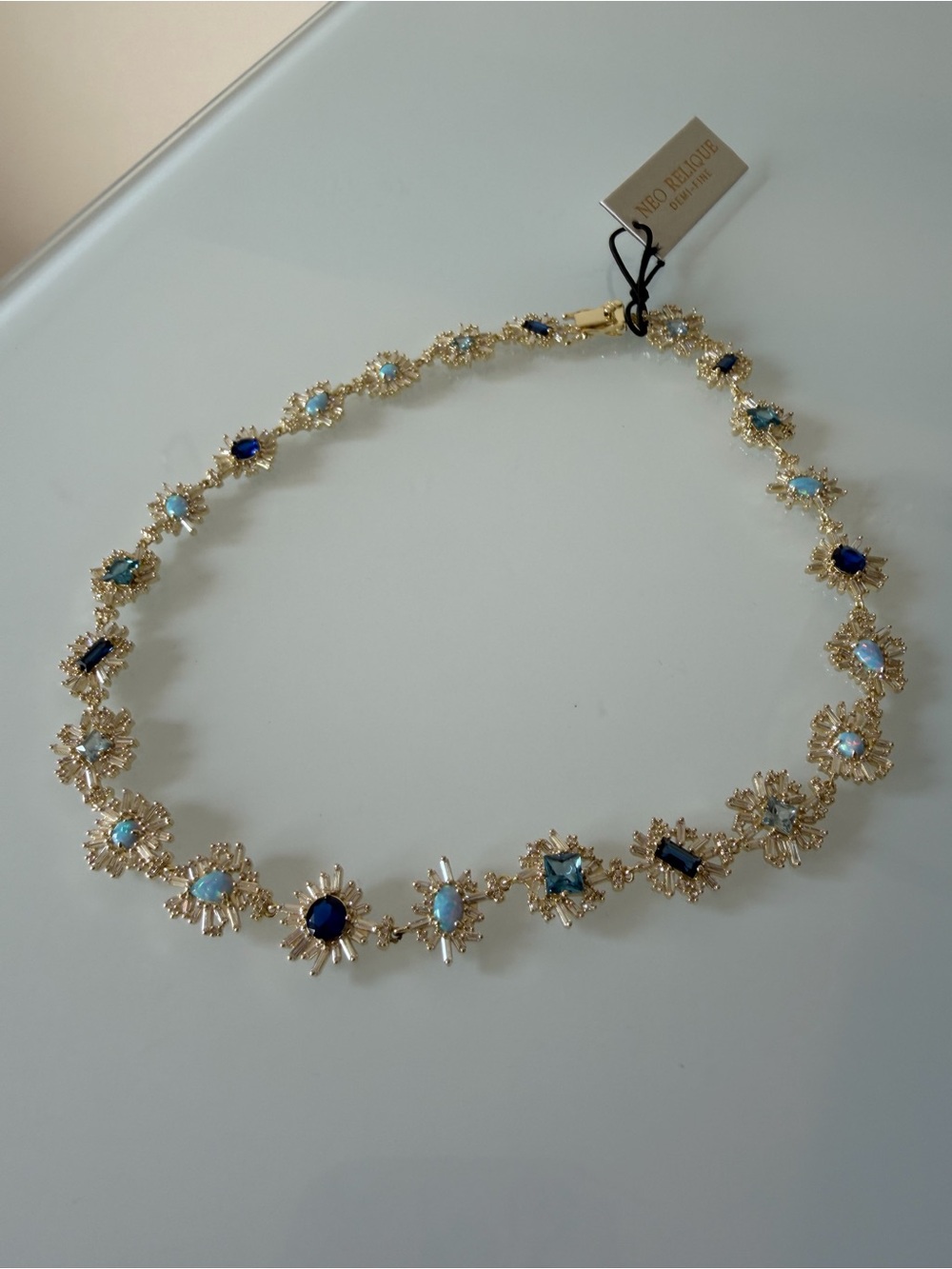 Neo Relique Gold blue opal baguette stone Necklace